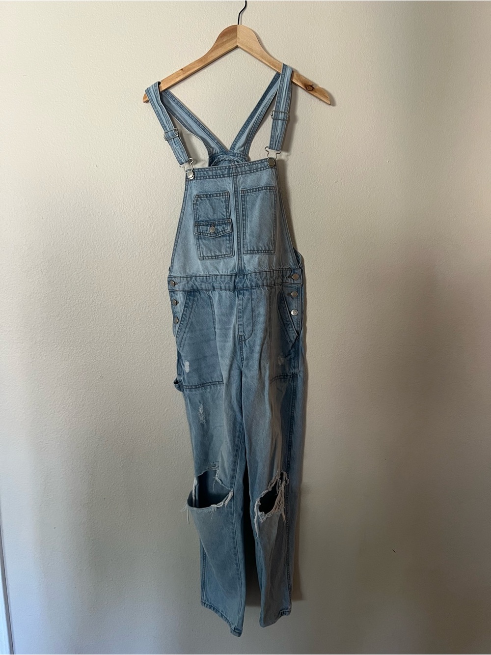 Celebrity Pink Light Blue Distressed Denim Overalls